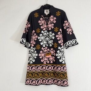 FIGUE Lina Floral Swirl-Embroidered Black Cotton Mini Dress, Bell Sleeves Large